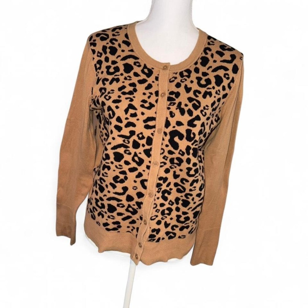 LEOPARD ANIMAL PRINT TAN BLACK‎ CARDIGAN SWEATER LADIES MEDIUM